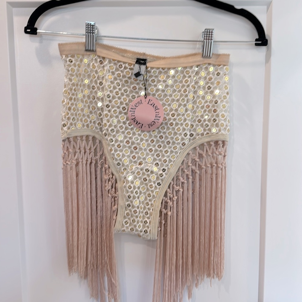 EASTNWESTLABEL. Fits small-medium NWT shorts with gold sequins, fringe